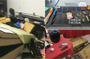 Casa revirada pelos criminosos e objetos apreendidos pela polícia (Foto: Reprodução)