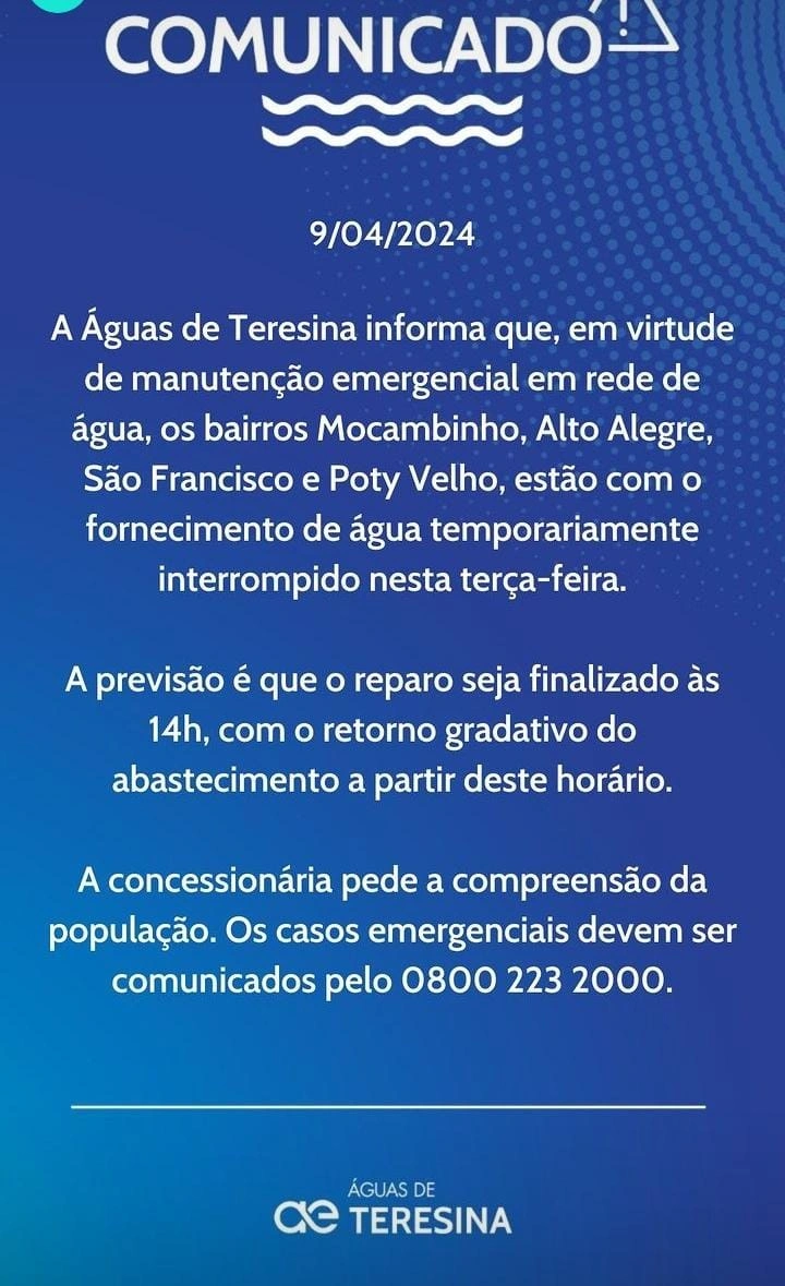 Comunicado da Águas de Teresina