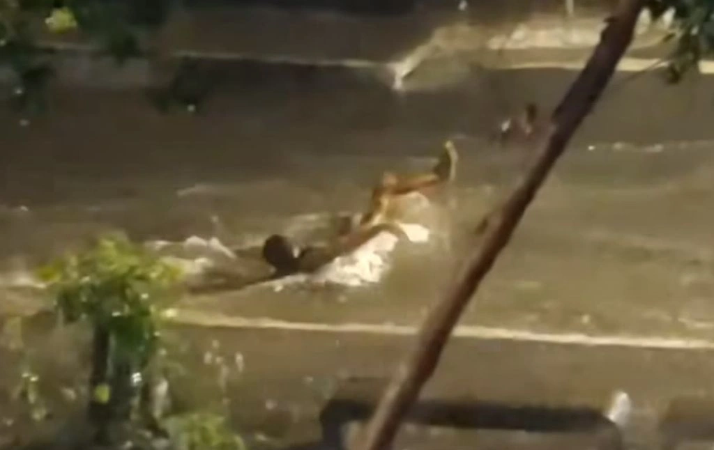 Homem é visto banhando em rua alagada na zona Sul de Teresina
