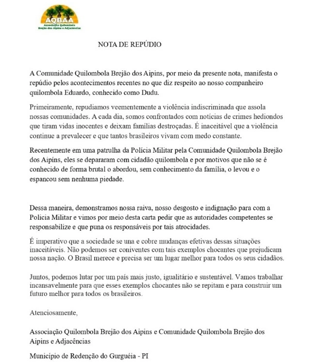 Nota de repúdio da AQBAA