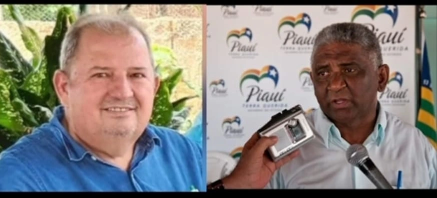Secretario com camisa azul e vice-prefeito à direita