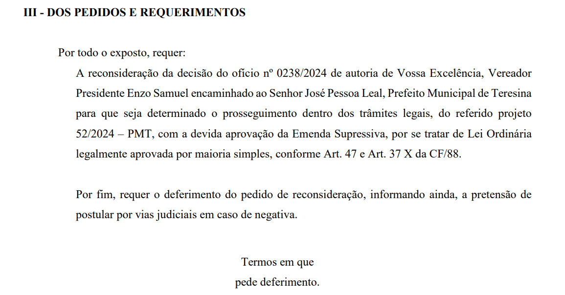 Trecho da decisão final do vereador Dudu