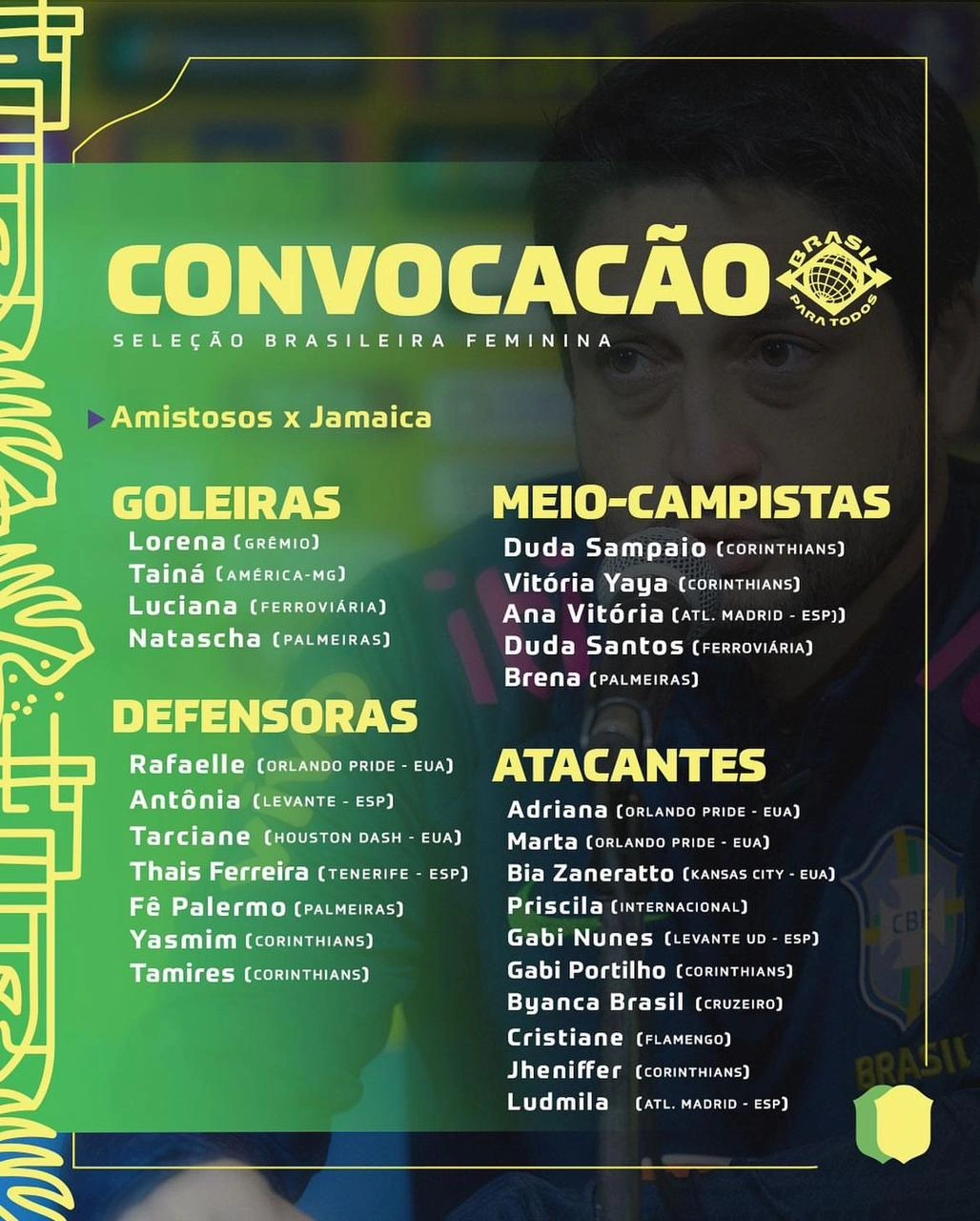 As jogadoras disputarão dois amistosos contra a Jamaica em maio e junho