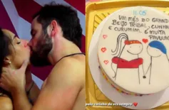 Fãs enviam bolo para ex-BBBs Isabelle e Matteus de comemoração a um mês de beijo