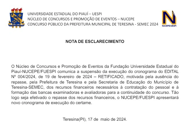 Concurso da SEMEC é suspenso por falta de repasse da Prefeitura de Teresina