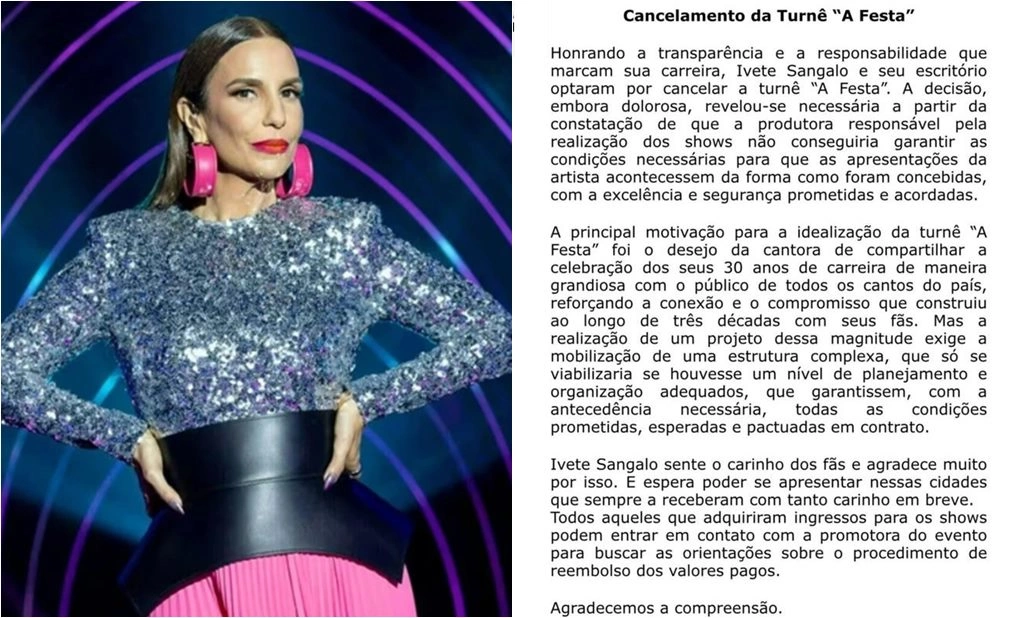 Ivete Sangalo cancela turnê por problemas com produtora