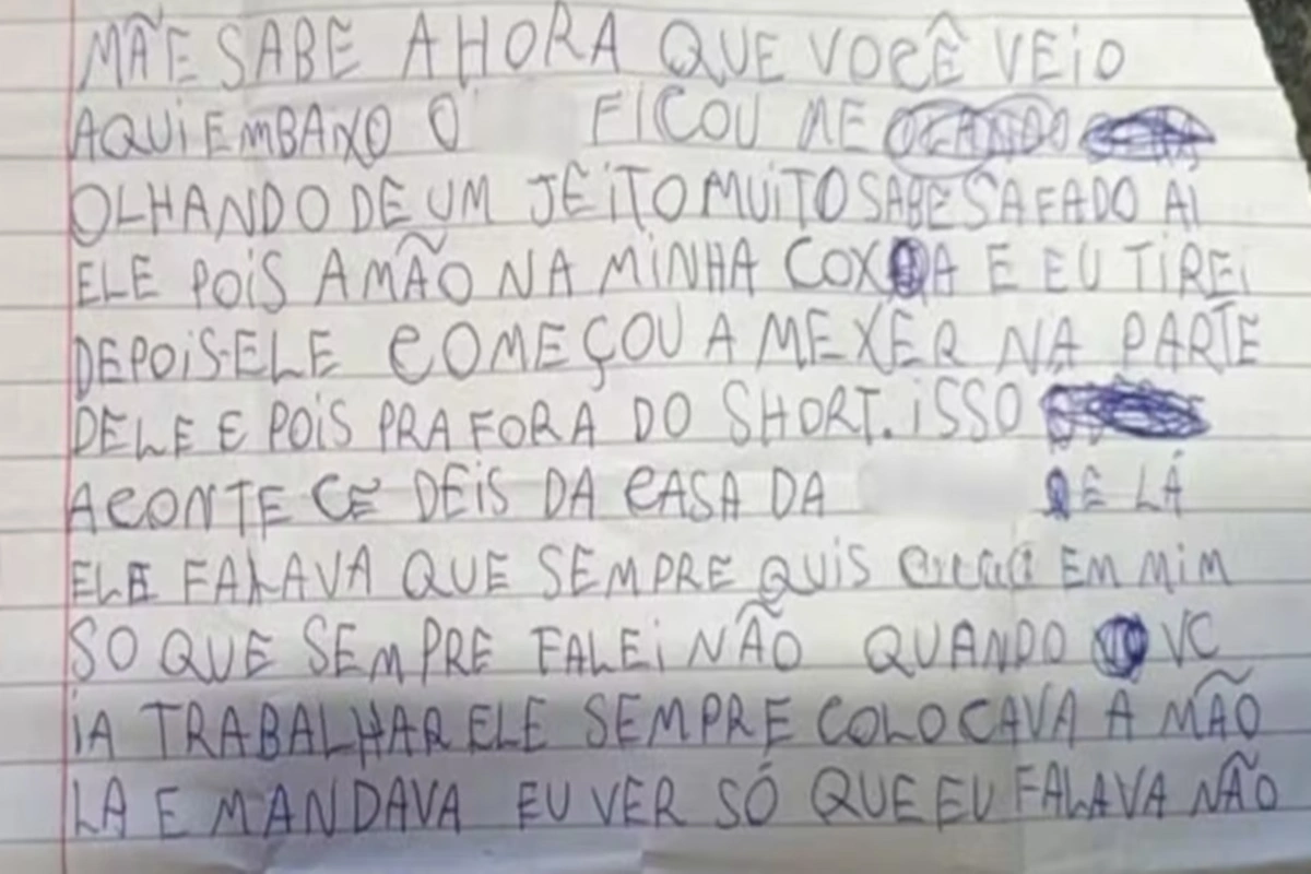 Menina de 9 anos denuncia abusos de padrasto à mãe através de uma carta