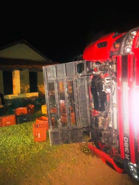 Caminhão com carga de acerolas tomba na BR-402 na zona Rural de Parnaíba