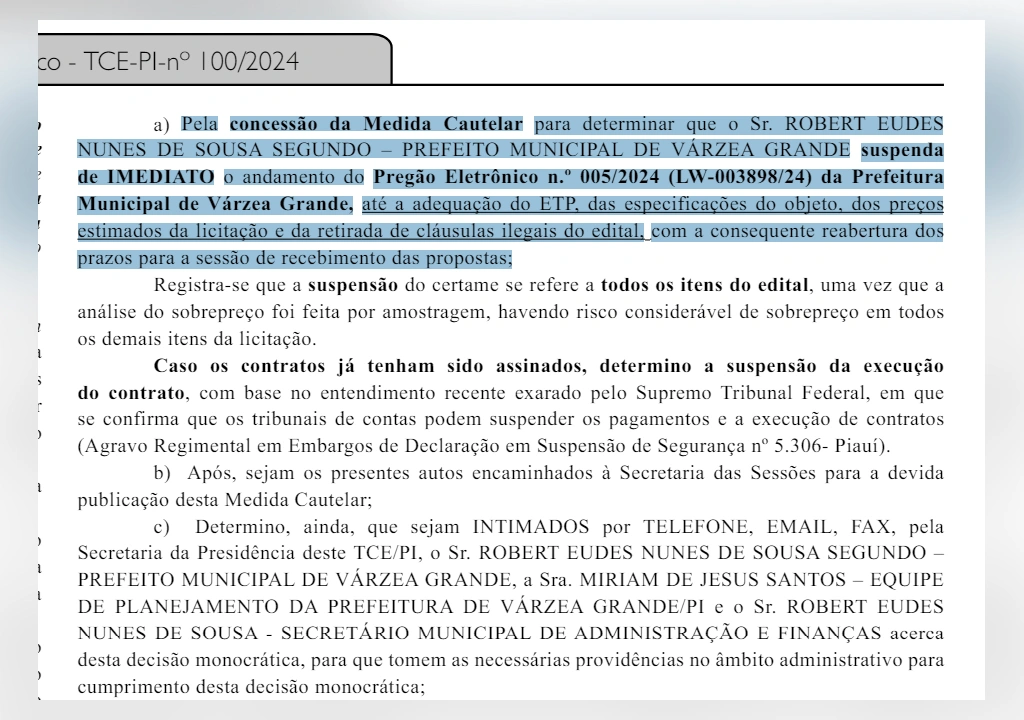 Decisão consta na edição do diário oficial do Tribunal de Contas do Piauí da última segunda-feira (03/06)