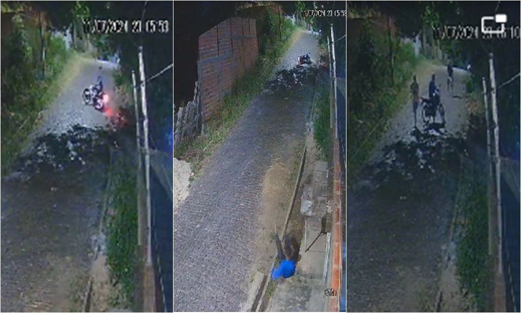 Câmera flagra criminosos derrubando vítimas e roubando motocicleta em Teresina