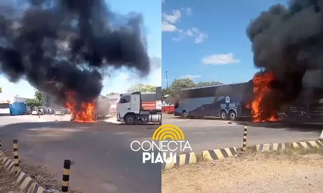 Ônibus de turismo e carretas pegam fogo em posto de combustíveis em Teresina