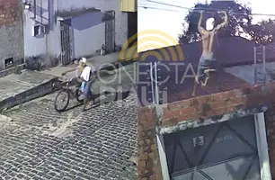 Homem é flagrado se pendurando para furtar fiação elétrica em Teresina (Foto: Reprodução)