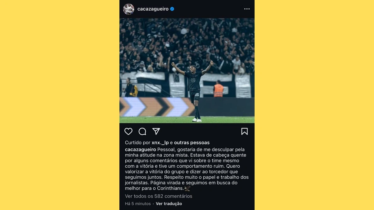 Momentos após o caso, Cacá utilizou as redes sociais para se desculpar