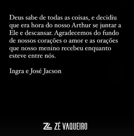 Morre filho de Zé Vaqueiro aos 11 meses; bebê tinha síndrome de Patau