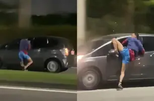 Motorista acelera carro com suspeito de assalto pendurado na porta no RJ (Foto: Reprodução/Redes Sociais)