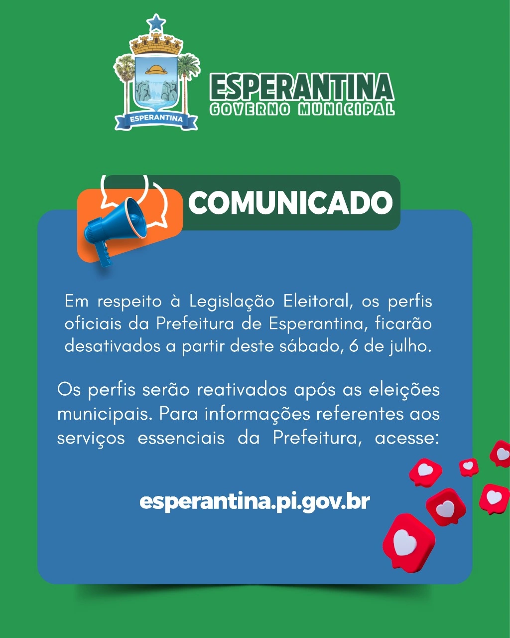 Prefeitura de Esperantina suspende redes sociais em respeito à lei eleitoral