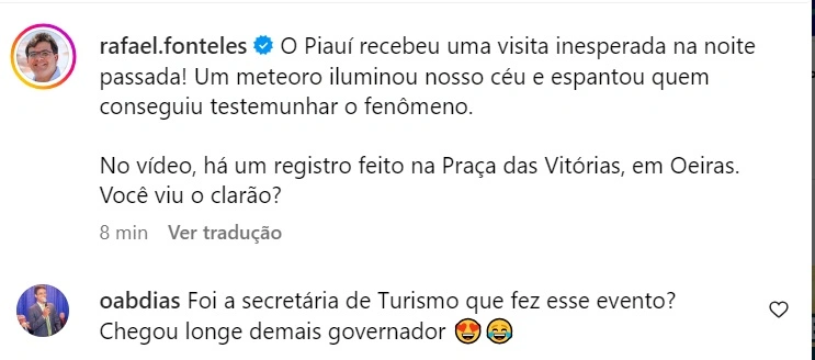Rafael Fonteles faz publicação sobre meteoro e internautas interagem sobre governo