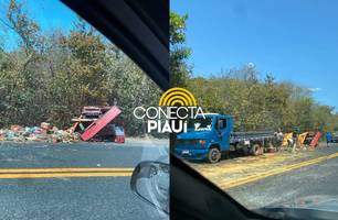 Caminhão tomba com carga de mercadorias após acidente na BR-316 em Lagoa do Piauí (Foto: Conecta Piauí)