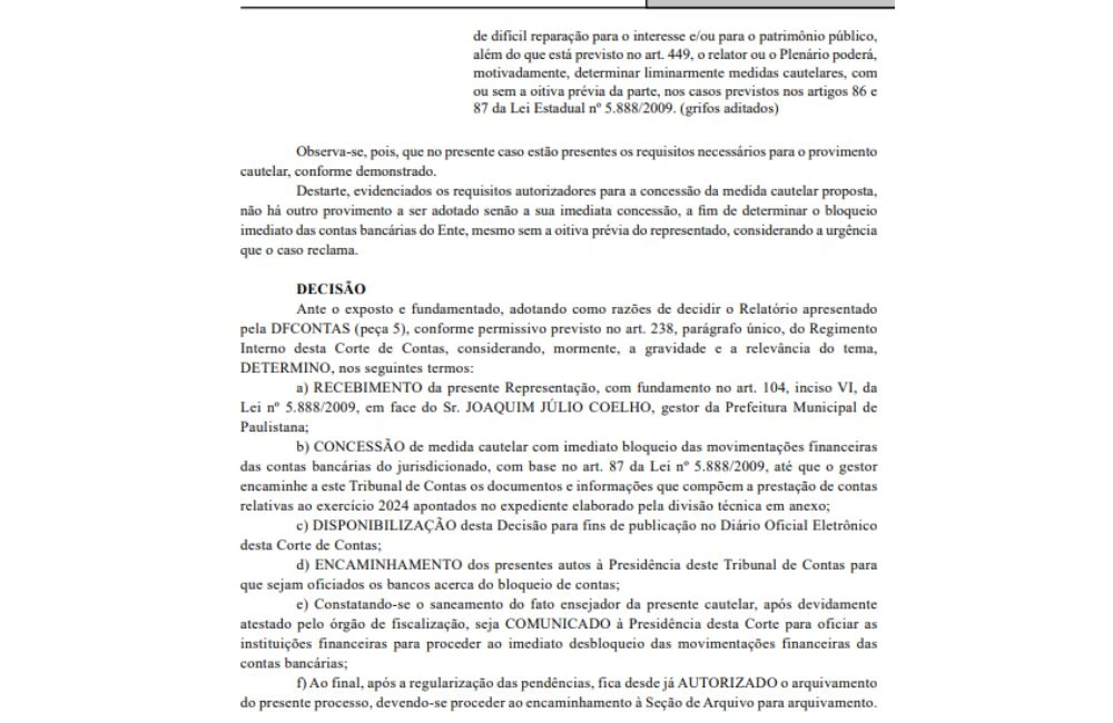 Contas da Prefeitura de Paulistana são bloqueadas pelo TCE-PI