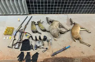 Dupla é presa com equipamentos, armas e animais abatidos ilegalmente em Uruçuí (Foto: Divulgação/SSP)