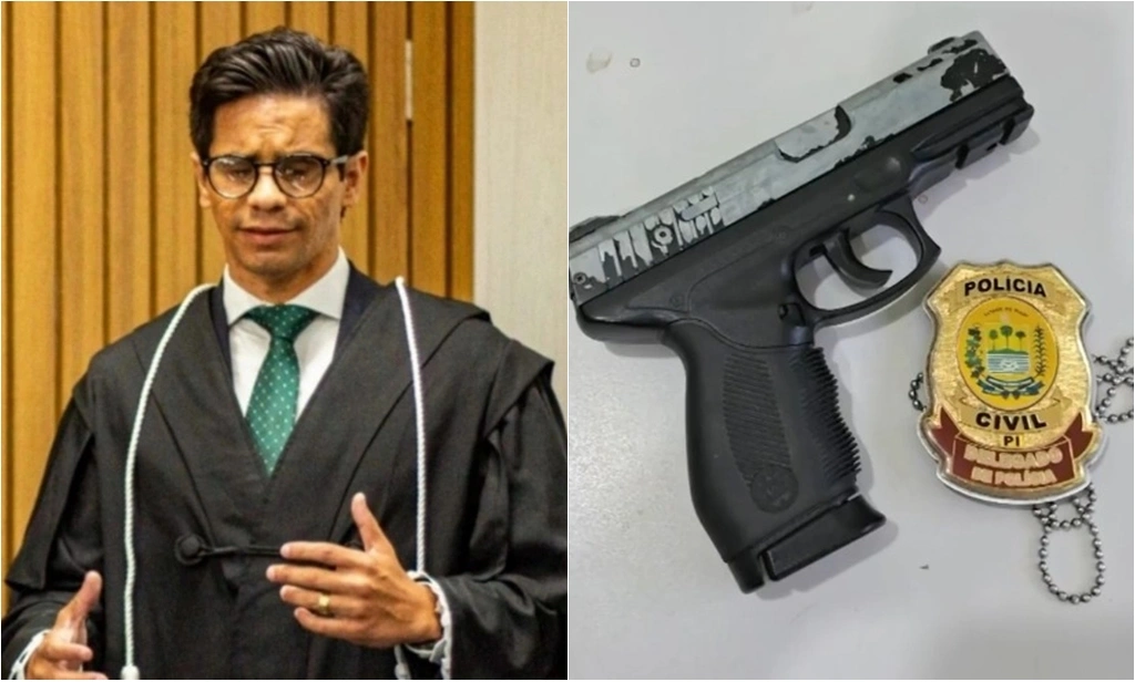 Juiz Caio Emanuel e simulacro de arma de fogo capturado pela polícia