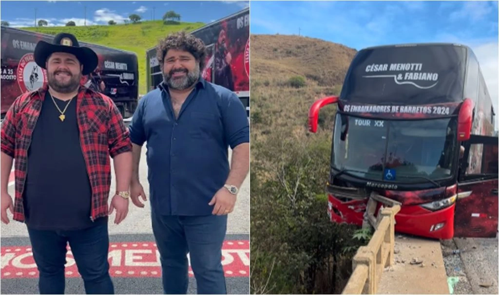 Ônibus da dupla César Menotti e Fabiano quase cai de ponte