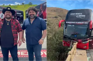 Ônibus da dupla César Menotti e Fabiano quase cai de ponte (Foto: Reprodução)