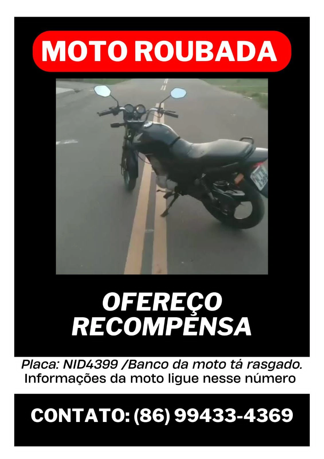 Informações sobre motocicleta roubada