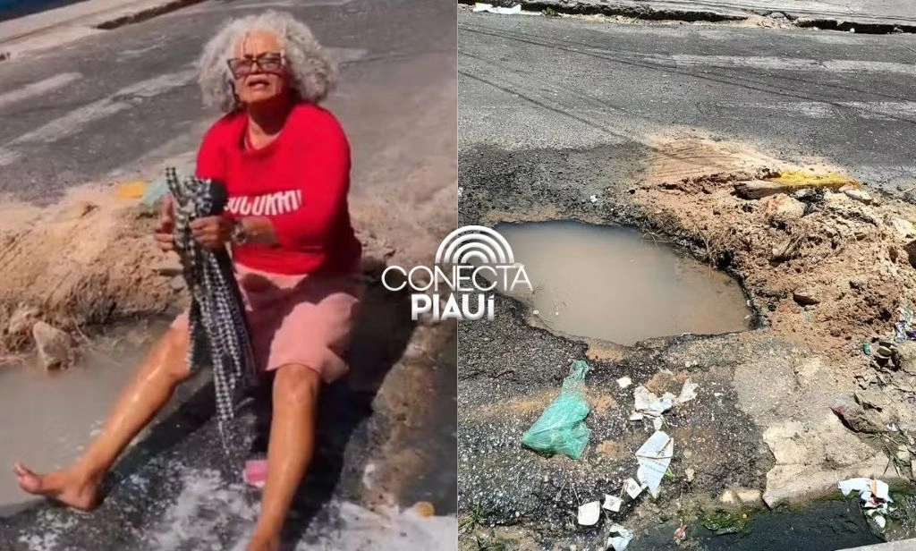 Mulher ‘lava roupa’ em buraco aberto em rua de Teresina em formas de protesto