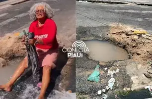 Mulher ‘lava roupa’ em buraco aberto em rua de Teresina em formas de protesto (Foto: Reprodução)