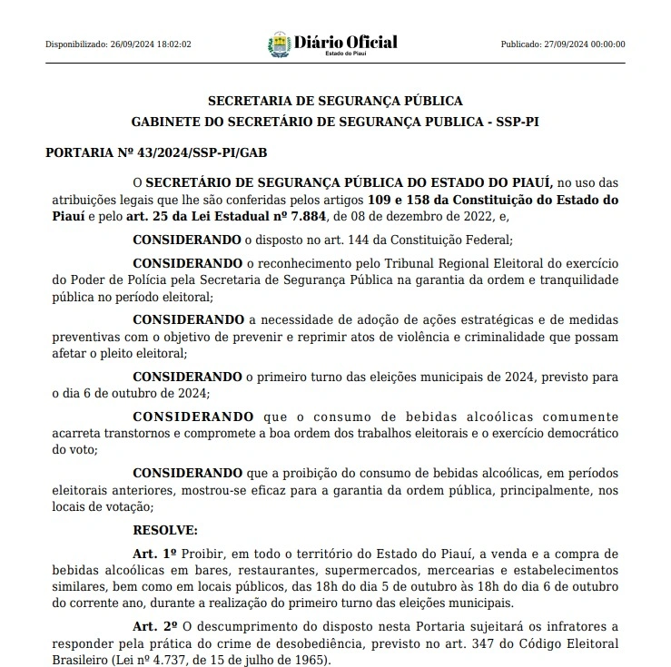 SSP-PI proíbe venda e consumo de bebidas alcoólicas durante eleições no Piauí