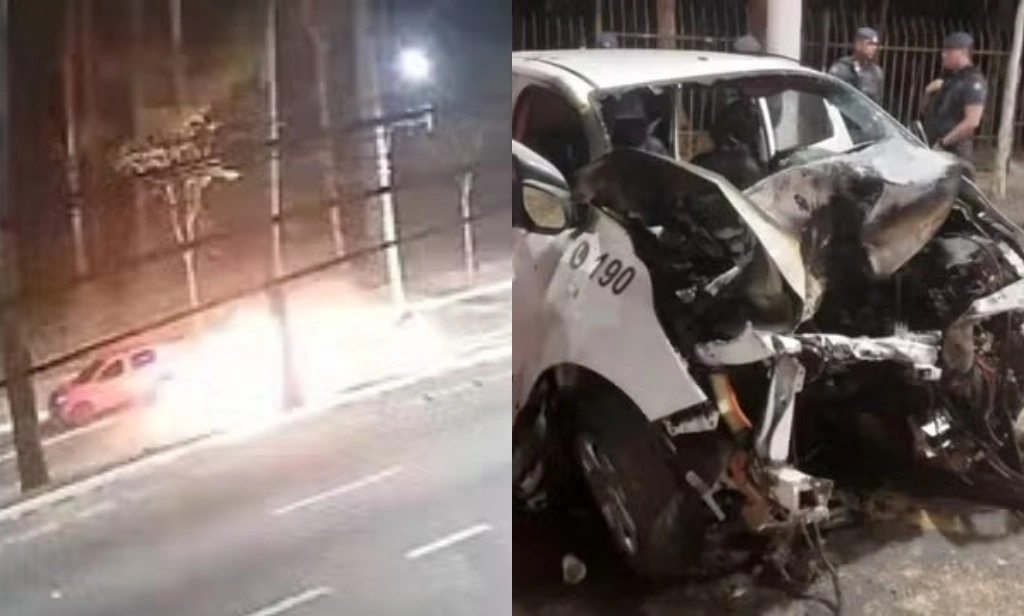 Viatura da PM explode ao perder controle e bater em árvore durante perseguição em SP