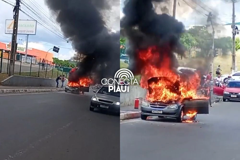 Carro pega fogo em frente ao Atacadão na zona Sul de Teresina