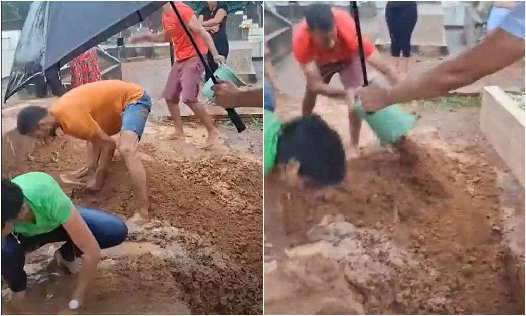 Debaixo de chuva, netos usam as mãos para enterrar avó no Tocantins