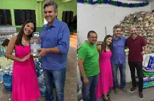 Gyselle Soares doa água e alimentos aos afetados pelas chuvas em Picos (Foto: Reprodução)