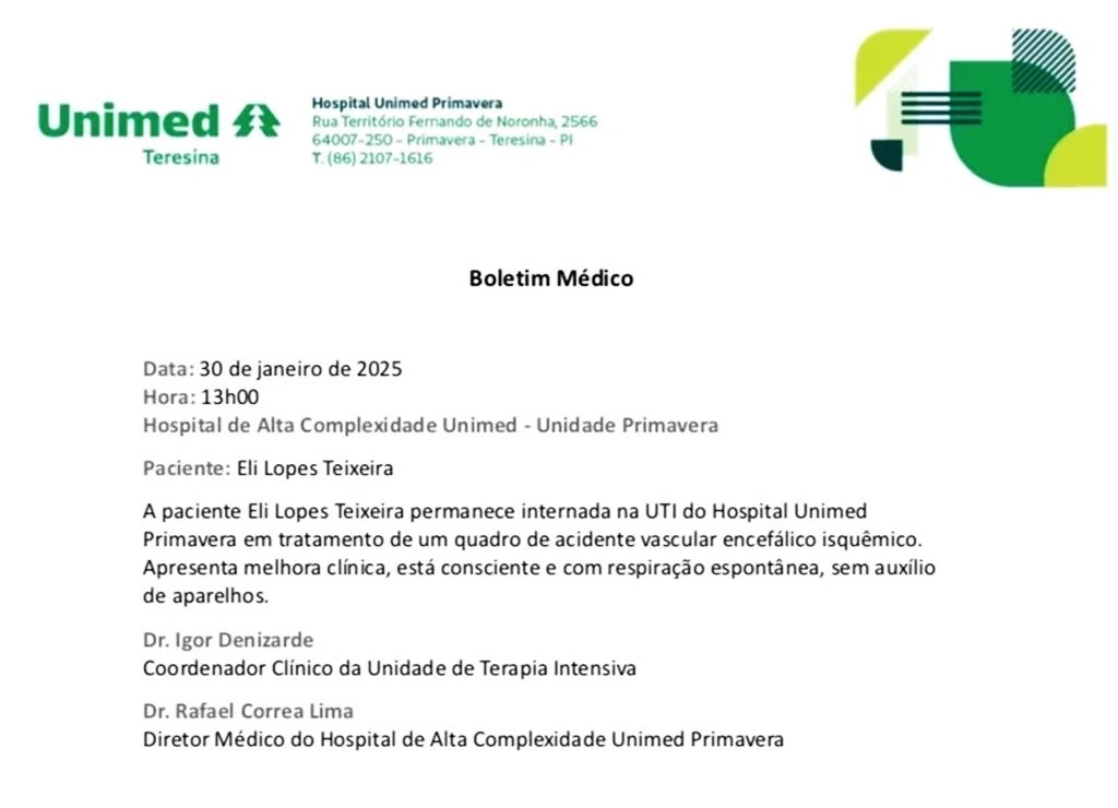 Hospital divulga quadro clínico da jornalista Eli Lopes após AVC em Teresina