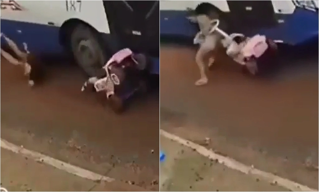 Motorista de ônibus desvia de buraco e quase atropela mãe e bebê no Mato Grosso