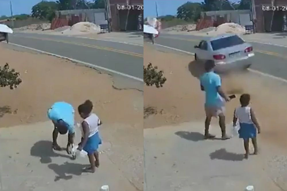 Pai e filha param para pegar moeda no chão e escapam de atropelamento no Ceará