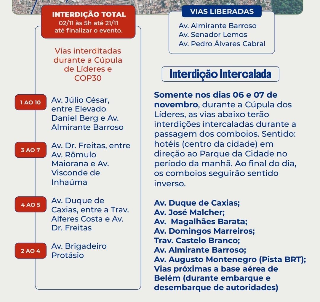 Belém terá mudanças no trânsito durante a COP30 entre 2 e 21 de novembro