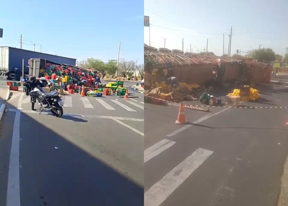 Caminhão carregado de frutas tomba e compromete trânsito na zona Sul de Teresina