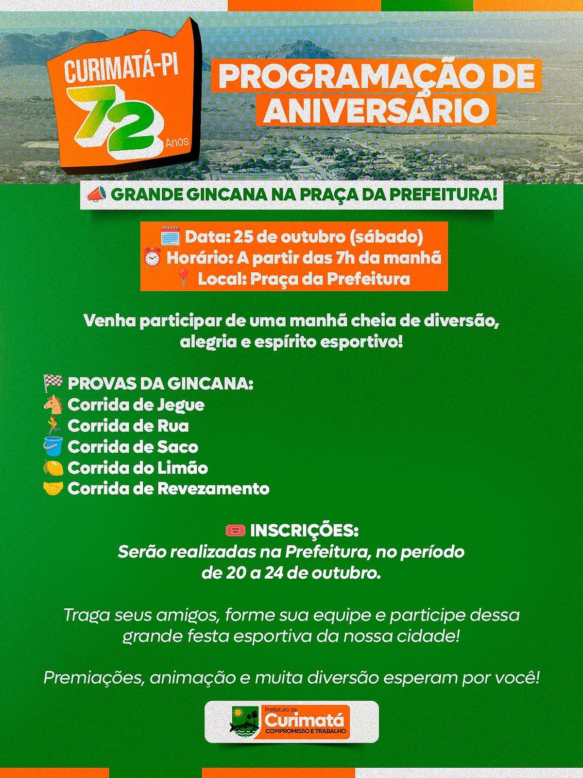 Curimatá celebra 72 anos com gincana e programação esportiva