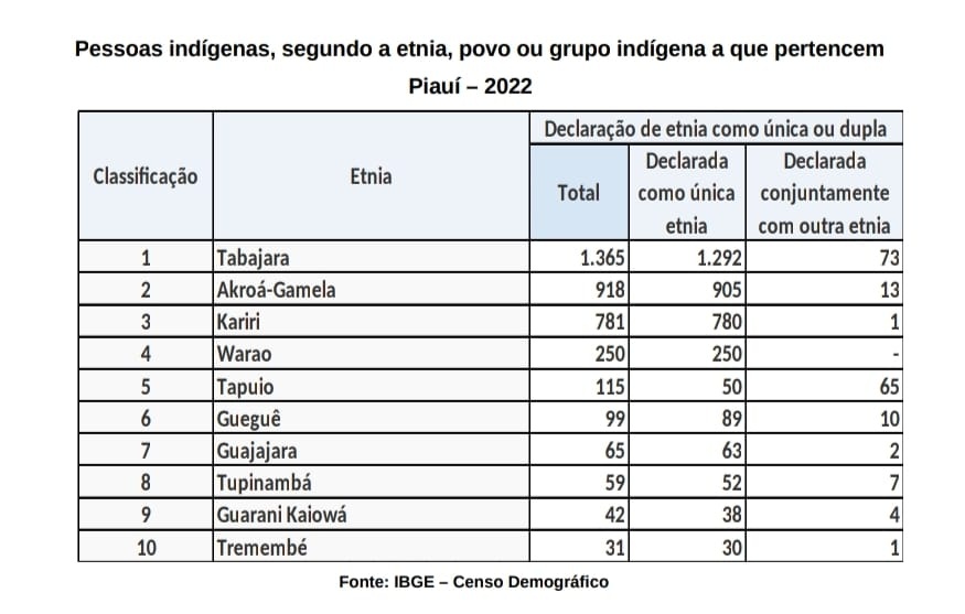 Etnia Tabajara é a mais numerosa no Piauí, mostra dados do Censo 2022