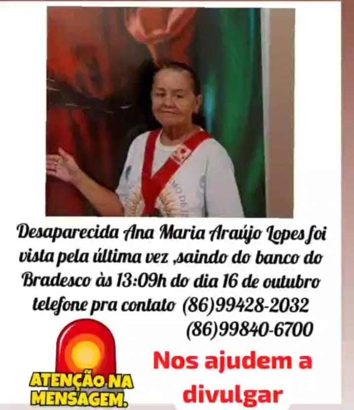 Mulher está desaparecida após ser vista saindo de agência bancária em Teresina