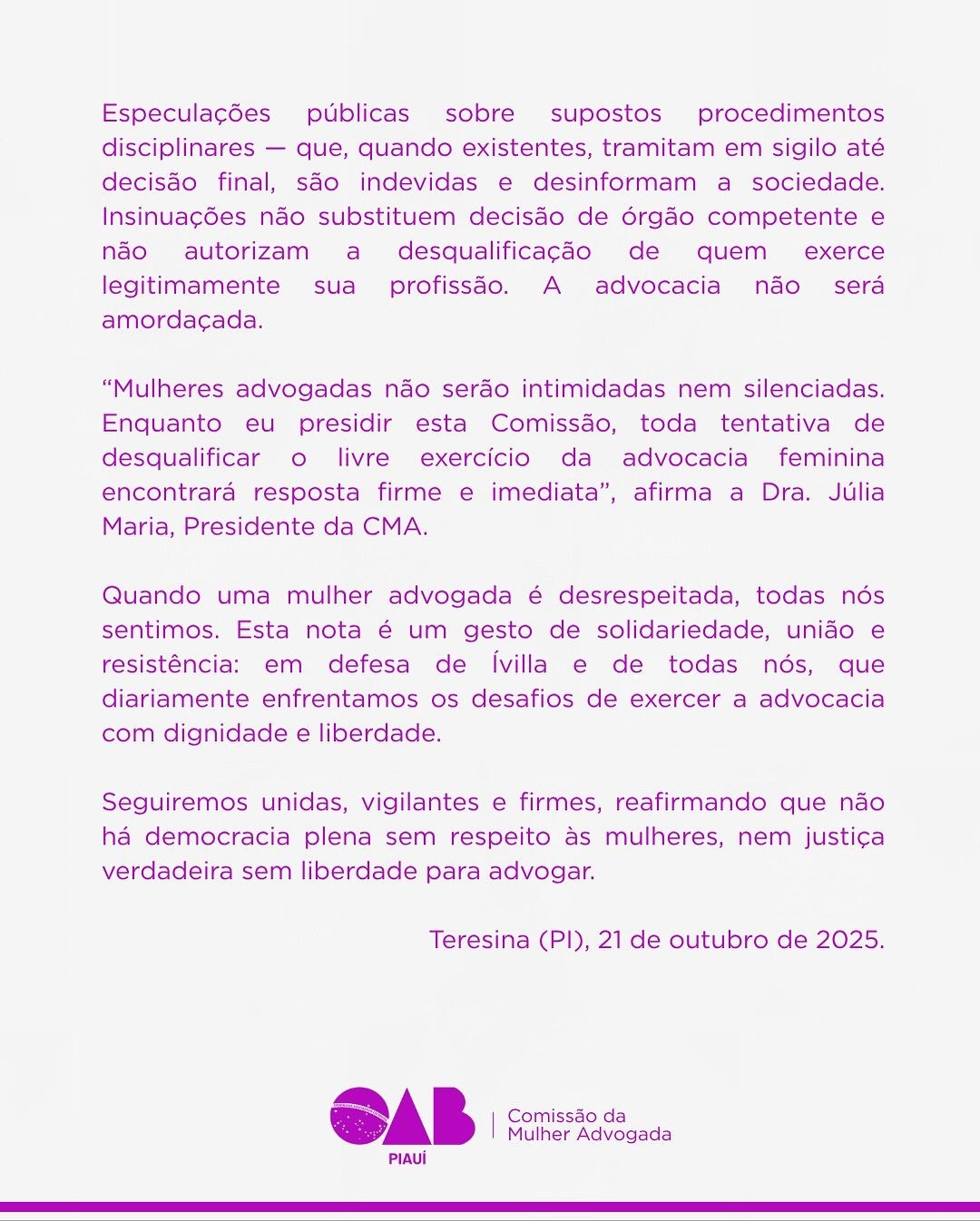 OAB-PI repudia declarações de Sílvio Mendes contra advogada Ívilla Araújo