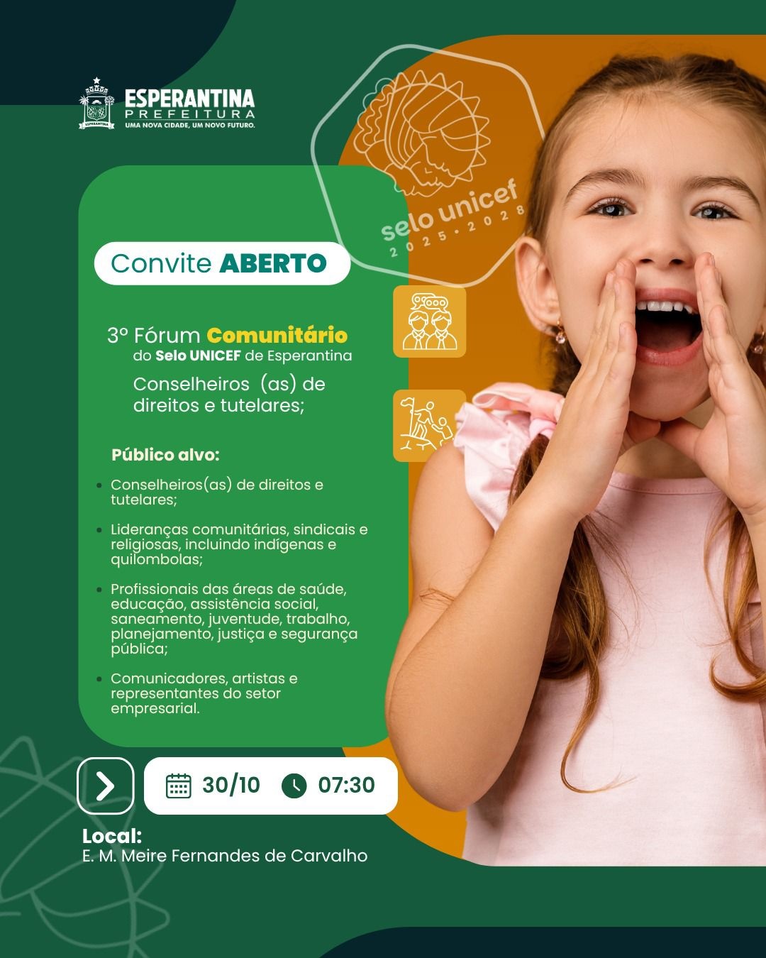 Prefeitura de Esperantina realizará 3º Fórum Comunitário do Selo UNICEF