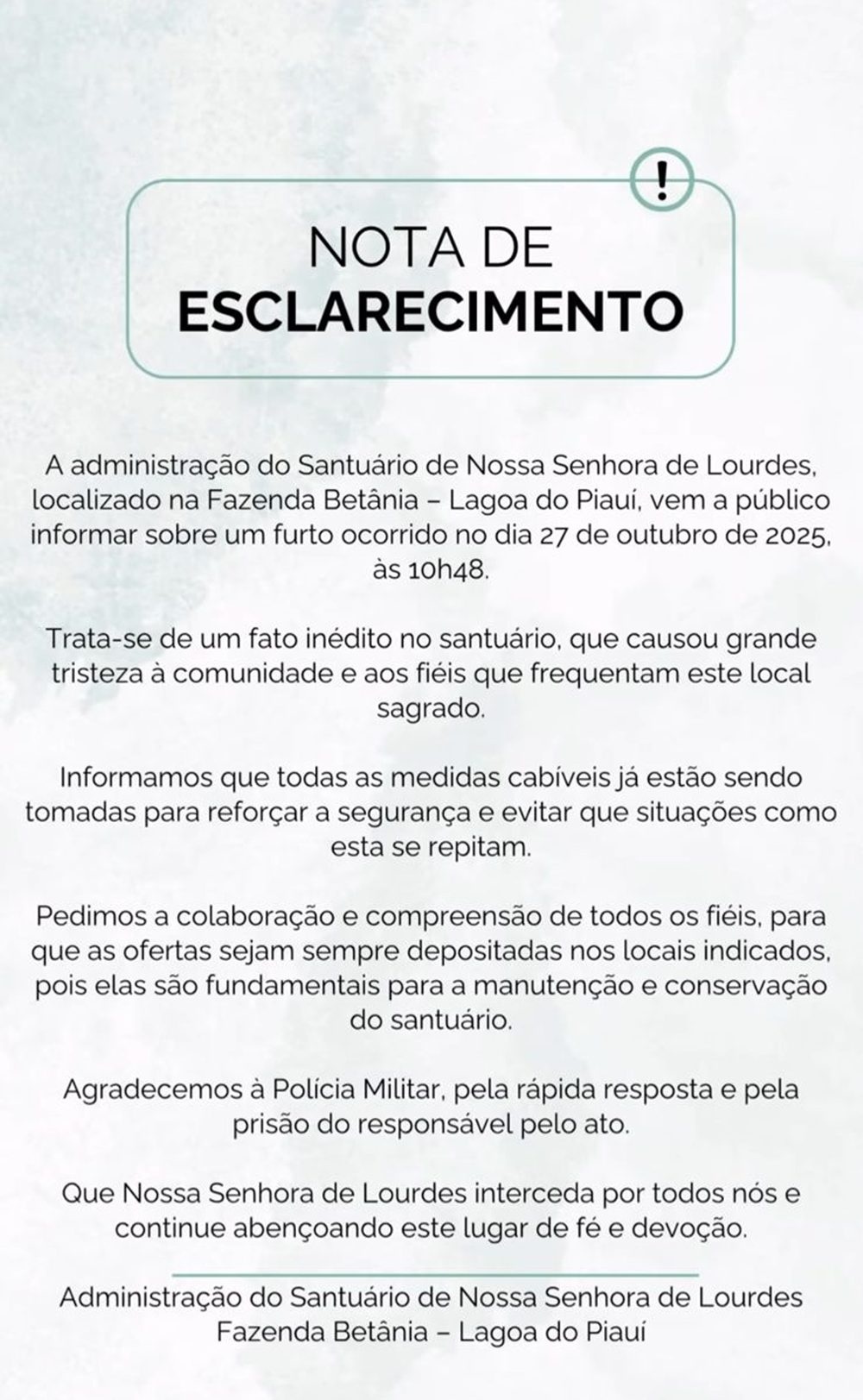 Santuário de Nossa Senhora de Lourdes em Lagoa do Piauí é alvo de furto