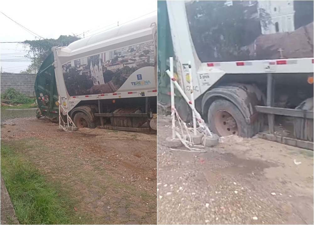 Sem manutenção, até caminhão do lixo atola em rua de Teresina