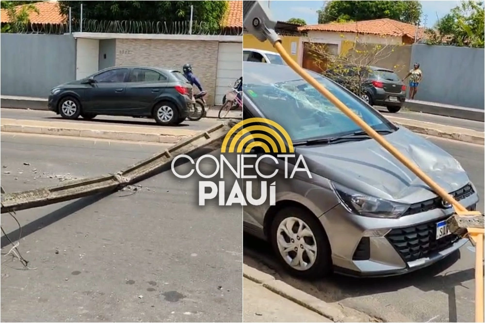 Caminhão derruba poste, atinge carro e interdita avenida na zona Leste de Teresina