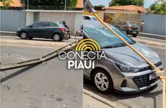 Caminhão derruba poste, atinge carro e interdita avenida na zona Leste de Teresina