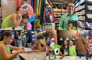 Daniele Valente, de oito anos, lança livro ao lado do pai, Daniel Oliveira (Foto: Conecta Piauí)